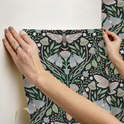 Black Damask Peel and Stick Wallpaper with Forest Design
