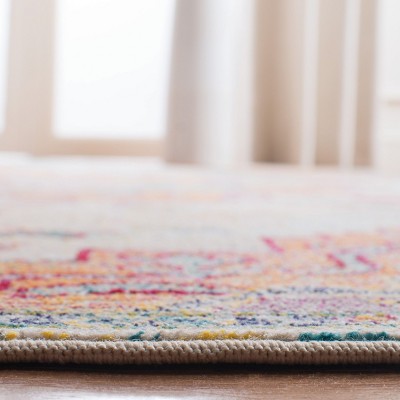 Light Blue and Fuchsia Medallion Square Synthetic Rug