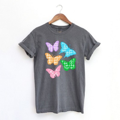 Simply Sage Market Women's Checkered Butterflies Short Sleeve Garment Dyed Tee - XL - Pepper