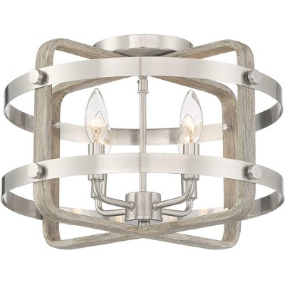 Barnes and Ivy Farmhouse Ceiling Light Flush Mount Fixture Brushed Nickel Wood Grain 15 3/4" Wide 4-Light for Bedroom Living Room