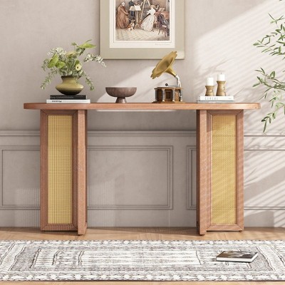 CAVINAS 48 inch Farmhouse Console Table with Rattan Decoration,Entryway Table for Living Room,Hallway