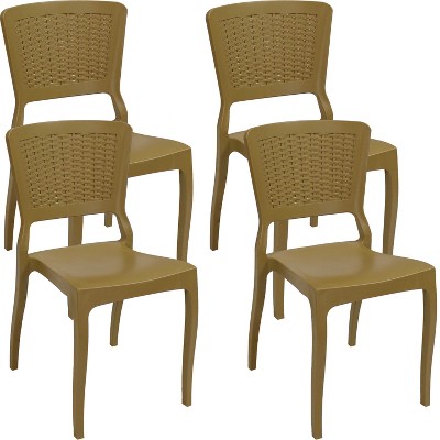 Sunnydaze Faux Wicker Design Plastic All-Weather Commercial-Grade Hewitt Indoor/Outdoor Patio Dining Chair, Light Brown, 4pk