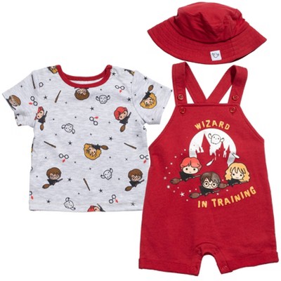 Image of Harry Potter Hermione Hedwig Owl Newborn Baby Boys French Terry Short Overalls Graphic T-Shirt and Hat 3 Piece Outfit Set Maroon 0-3 Months