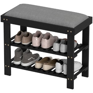 Aghana Digitals Black Bamboo Entryway Bench with Linen-Feel Cushion & 2-Tier Shoe Storage for - 1 of 4