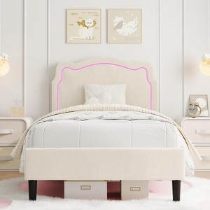 Acekool Bear-Shaped Velvet Twin Bed Frame with RGB Lighting, Adjustable Headboard, No Box Spring, Kids Platform - 1 of 4