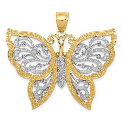Black Bow Jewelry 14k Yellow Gold & White Rhodium 42mm Filigree Butterfly Pendant
