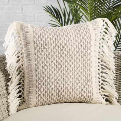 Taupe and Ivory Geometric Polyester Throw Pillow with Tassels
