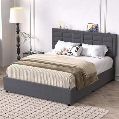 VECELO Queen/Full Size Upholstered Bed Frame with 4 Storage Drawers & USB Ports, Platform Bed Frame with Adjustable Headboard, Beige/Gray