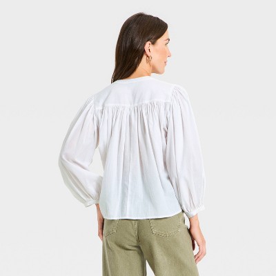 Women’s Puff Long Sleeve Banded Collar Neck Blouse – Universal Thread