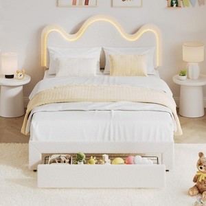Full Platform Bed for Kids, Adjustable Boucle Headboard, Storage Drawer, Lamb Fleece Upholstery, Wooden Slats, No Box Spring, Pink - 1 of 4
