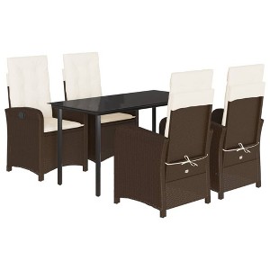 vidaXL 5 Piece Patio Dining Set - Brown Poly Rattan Reclining Chairs with Cushions & Tempered Glass Table - Outdoor Garden Furniture - 1 of 4