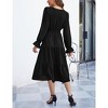 Women's Casual Wrap V Neck Midi Dress Long Sleeve Smocked Waist Tiered A Line Pleated Flowy Long Dress - 3 of 4