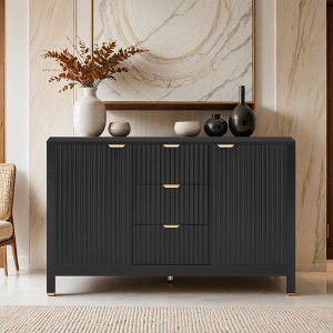 Sideboard with Wave Design - 3 Adjustable Shelves, 3 Drawers & Soft-Close Doors, Storage Console Table with Metal Handles - Leovsnove - 1 of 4