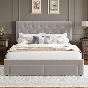 Velvet Upholstered Bed Frame with Storage Drawers, Tufted Headboard, No Box Spring Needed, King, Beige - 1 of 4