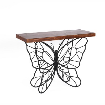 Dark Maple & Black Metal Butterfly Accent Console Table with Storage
