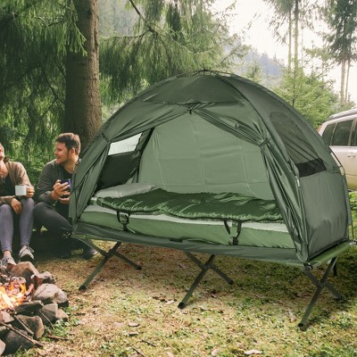 Vynxaria Outsunny Multifunctional Folding Camping Cots for Adults, Elevated Tent with Sleeping Bag, Thick Air Mattress Pad