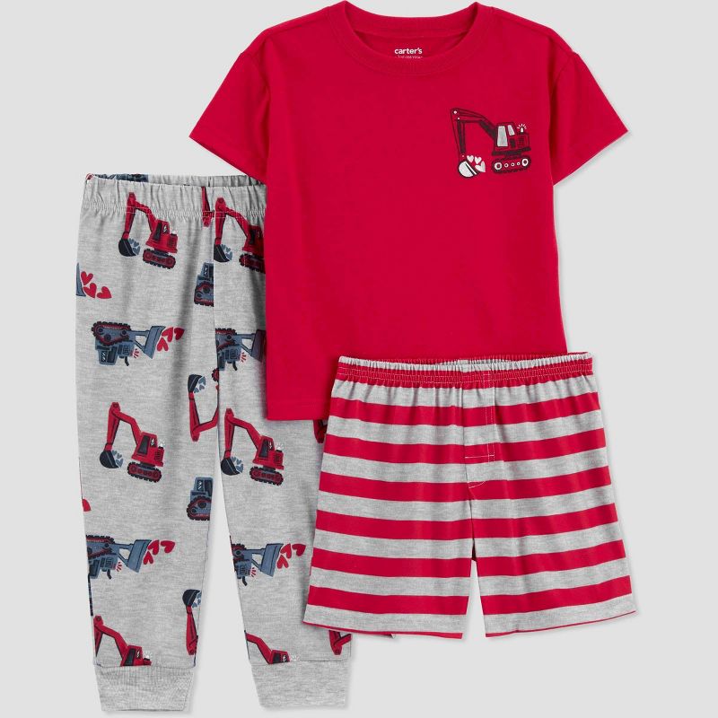 Carter&#39;s Just One You&#174; Toddler Boys&#39; Bulldozer Printed &#38; Striped Pajama Set - Red/Gray, 1 of 5