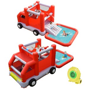 Costway Fire Truck Themed Inflatable Castle Water Park Kids Bounce House w/ 480W Blower - 1 of 4