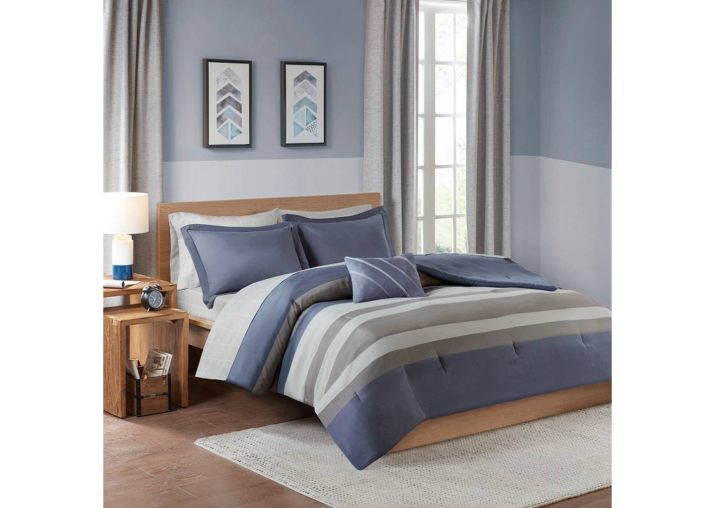 Постельное бельё Intelligent Design Eddie Full 8pc Complete Bed Set, Including Sheets Blue/Gray: Microfiber, Hypoallergenic, Oeko-Tex Certified, цвет: Синий — фото 2