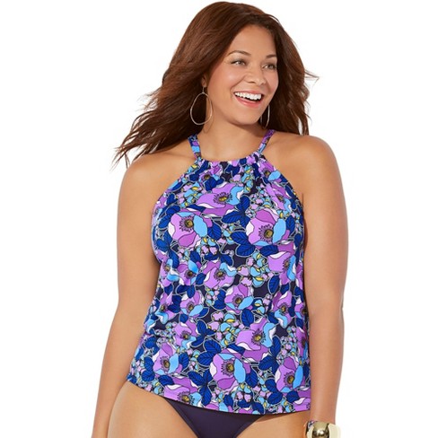 Swimsuits For All Women’s Plus Size High Neck Tankini Top, 16 - Navy ...