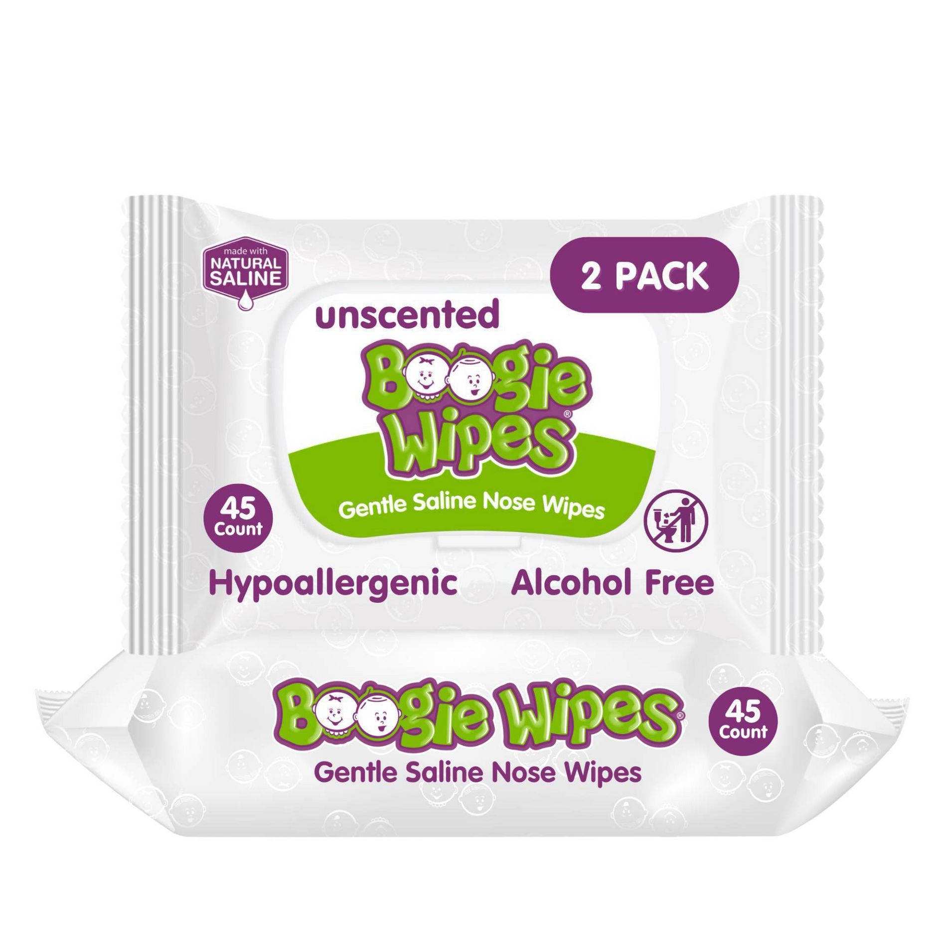 Boogie Wipes Saline Nose Wipes Unscented - 90ct: Pull-Out Dispenser, Contains Vitamin E, Hypoallergenic