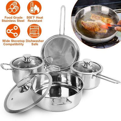 Angel Sar Stainless Steel Cookware Set, 7-Piece Induction Pots and Pans Set with 3.7QT Stockpot, 2QT Saucepan, Frying Pan, Even Heat Distribution