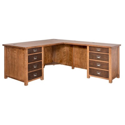 Heritage Brown Wood L-Shaped Home Office Desk with 4 Drawers