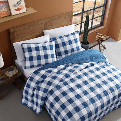 King Blue Cotton Reversible Quilt Set with Shams