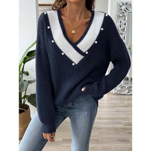 Clearlove Women's Color-Block Pearl Embellished Sweater - Deep V-Neck Drop Shoulder Pullover - 1 of 4