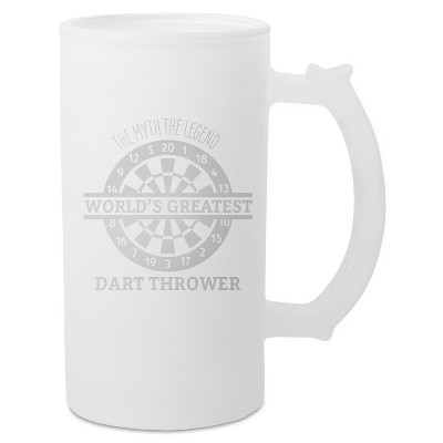100 North Freezable 16 Ounce White Matte Frosted Glass Craft Drinking Stein Beer Mug With Thumb Grip Handle, The Myth The Legend World's Greatest Dart