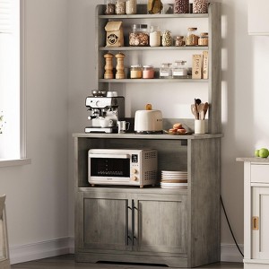 Bakers Rack With Storage Cabinet, Microwave Stand With Power Outlets, Farmhouse Bakers Rack With Thick Table Top, Small Kitchen Pantry for Kitchen - 1 of 4