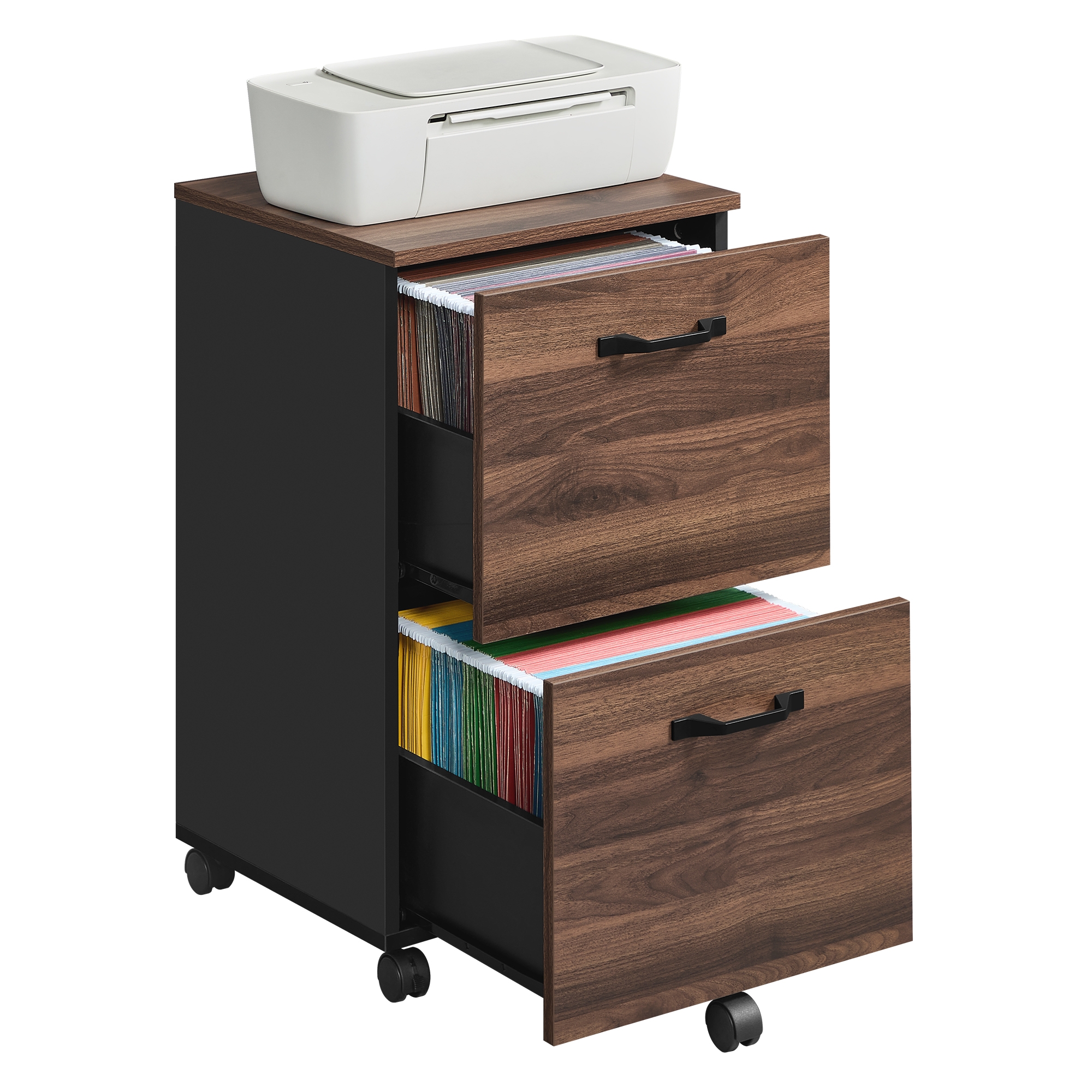 Compact 2-Drawer Rolling File Cabinet ,Holds A4 & Letter - Size Files. Doubles as Printer Stand. 15.7x16.5x27.6 Inches. Natural Walnut & Ink Black