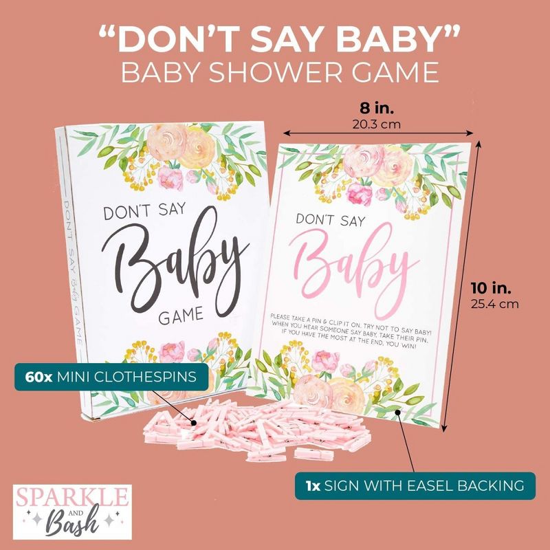 Sparkle and Bash Floral Baby Shower Clothespin Game For Girl, Don't Say Baby Theme with 60 Pink Clothes Pins and 8x10-Inch Sign, 3 of 9