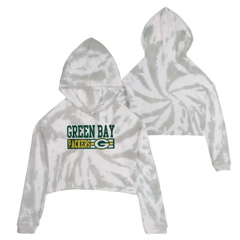 Nfl Green Bay Packers Girls' Gray Tie-dye Crop Hooded Sweatshirt