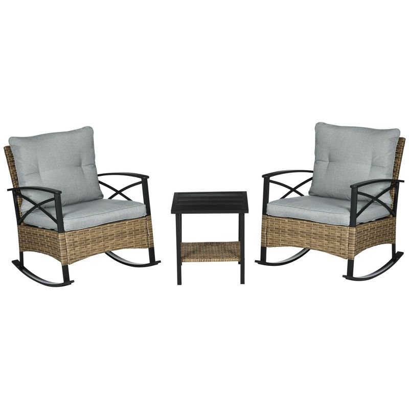 Outsunny 3 Piece Rocking Wicker Bistro Set, Outdoor Patio Furniture Set with two Porch Rocker Chairs, Cushions, Two-Tier Coffee Table, 1 of 7