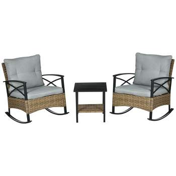 Outsunny 3 Piece Rocking Wicker Bistro Set, Outdoor Patio Furniture Set with two Porch Rocker Chairs, Cushions, Two-Tier Coffee Table