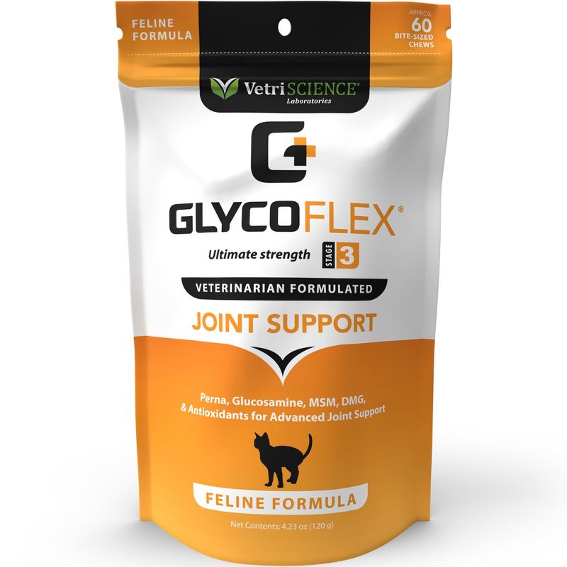 VetriScience Glycoflex 3 Maximum Strength Hip and Joint Supplement with Glucosamine for Cats, Chicken Flavor, 60 Chews, 1 of 4