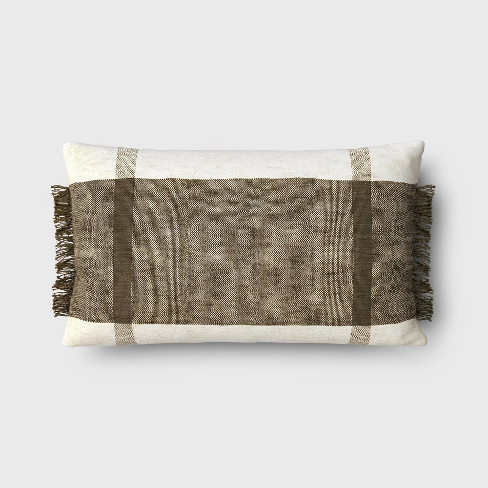 Photos - Pillow Oversized Textured Woven Cotton Striped Lumbar Throw  Ivory/Dark Oli