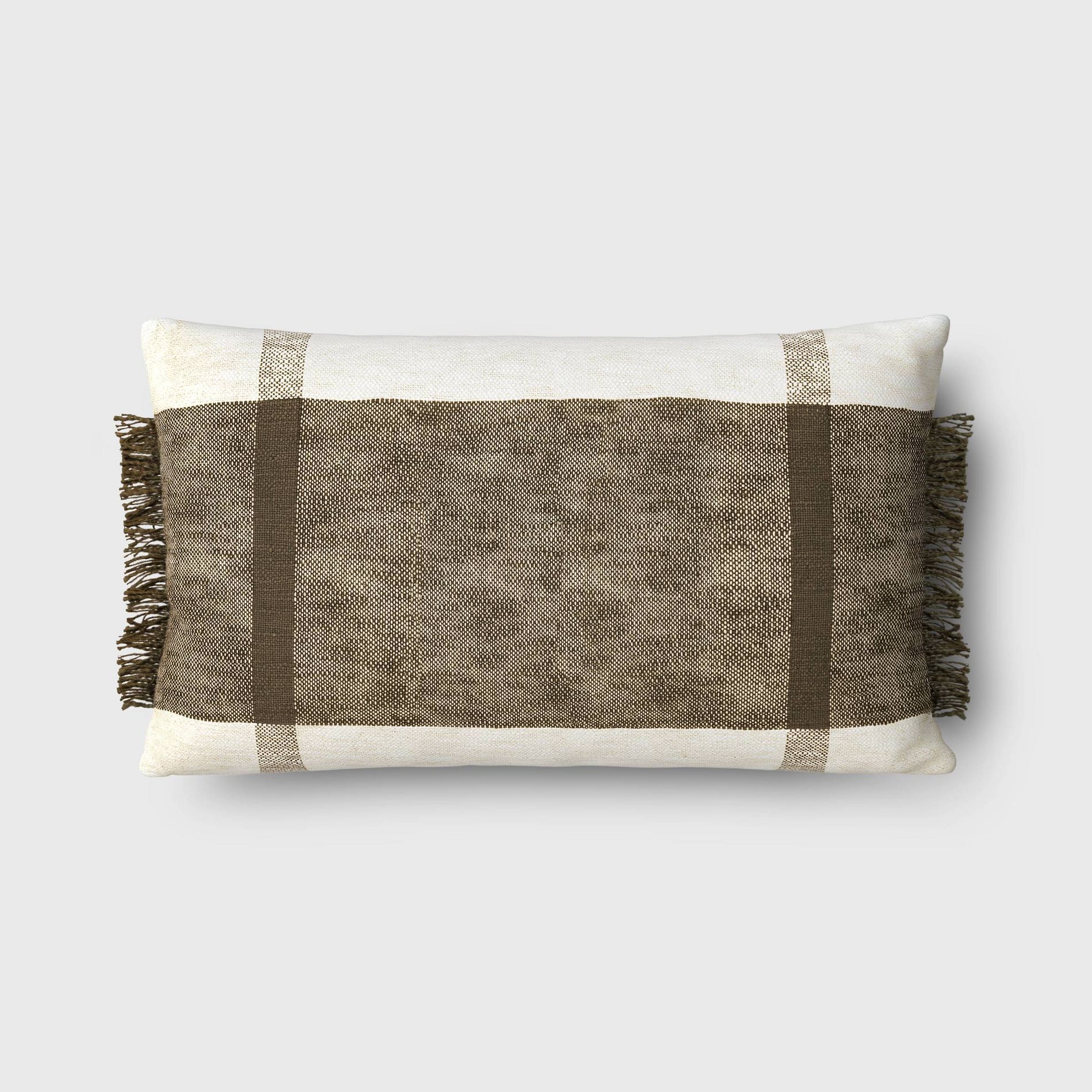 Oversized Textured Woven Cotton Striped Lumbar Throw Pillow Ivory/Dark Olive - Threshold™: Fringe Detail, Indoor Use