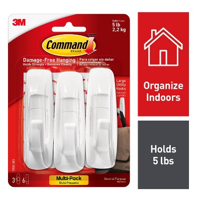 Command 3 Hooks 6 Strips Large Sized Utility Decorative Hooks Value Pack White