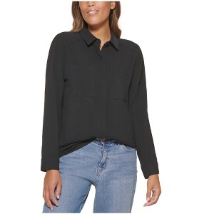 Calvin Klein Womens Long Sleeve Padded Shoulder Button Up Shirt, Black, Large - 1 of 1