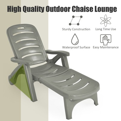 Gray Adjustable Outdoor Chaise Lounge with Arms and Wheels