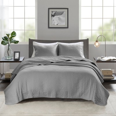3 Pcs Stripe Stitch Reversible Quilt Set, Hotel Collection Style Solid Color Bed Blanket, Cooling Touch Cotton Filling Bedding with Matching Shams