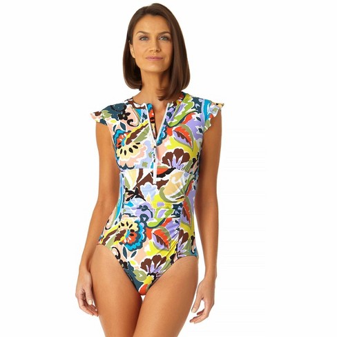 Anne Cole - Women's Kashmir Paisley Flutter Sleeve Zip Up Rash Guard One  Piece Swimsuit - 6 Multi