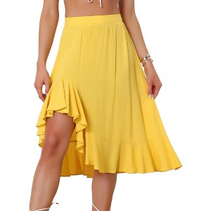 Allegra K Women's Asymmetrical Ruffle Hem High Elastic Waist Solid Midi Skirt - 1 of 4