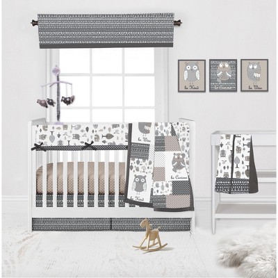 Bacati - Owls in the Woods Beige/Gray 10 pc Crib Bedding Set with Long Rail Guard Cover