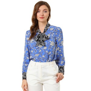 Allegra K Women's Boho Floral Printed Shirts V Neck Pussybow Blouse Top - 1 of 4