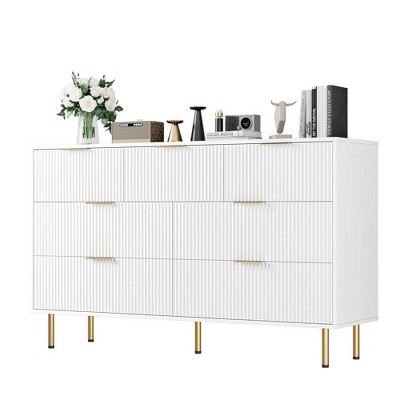 Fluted Wood Dresser 7 Drawers Dresser for Bedroom, Large Modern Black Dresser with Gold Handle