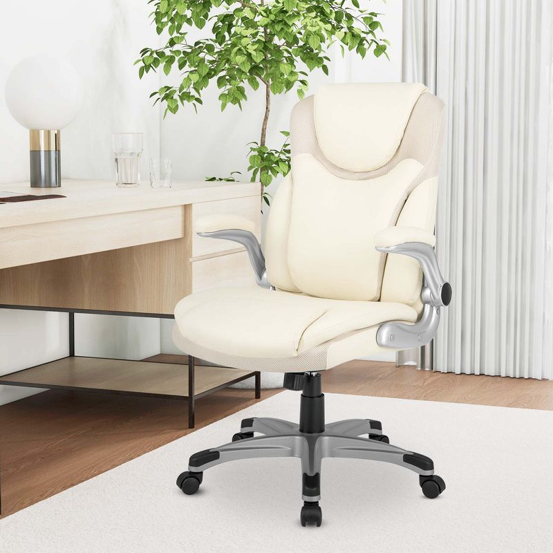 Costway Ergonomic Office Chair PU Leather Executive Swivel with Flip-up Armrests Beige, 2 of 11