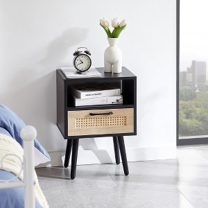 15.75" Rattan End table with drawer and solid wood legs, Modern nightstand,Black - 1 of 4